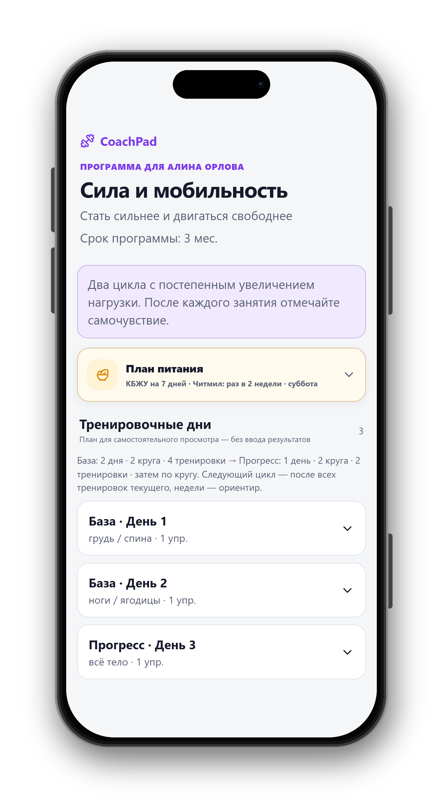 Программа тренировок с днями и циклами в CoachPad