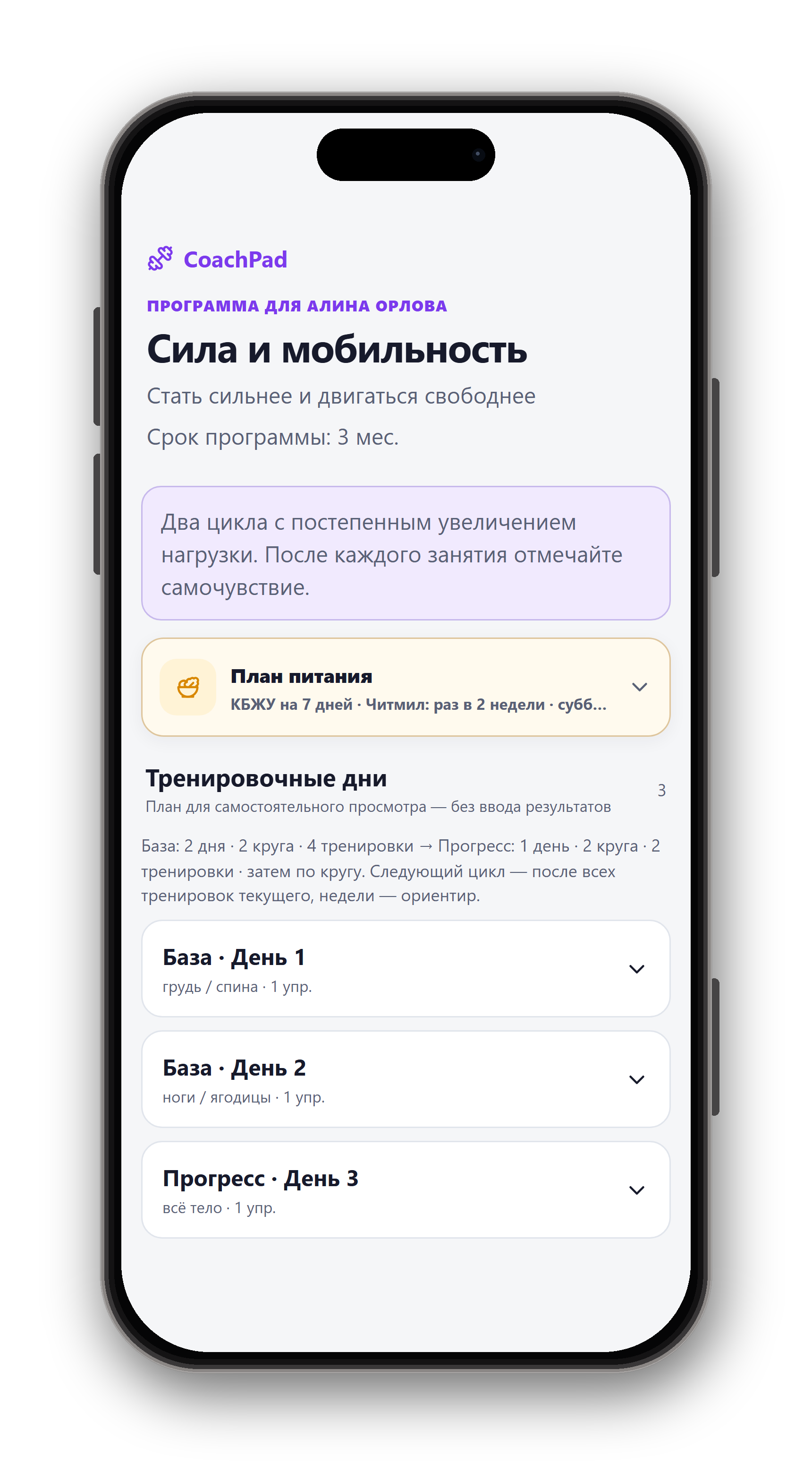 Программа тренировок с днями и циклами в CoachPad